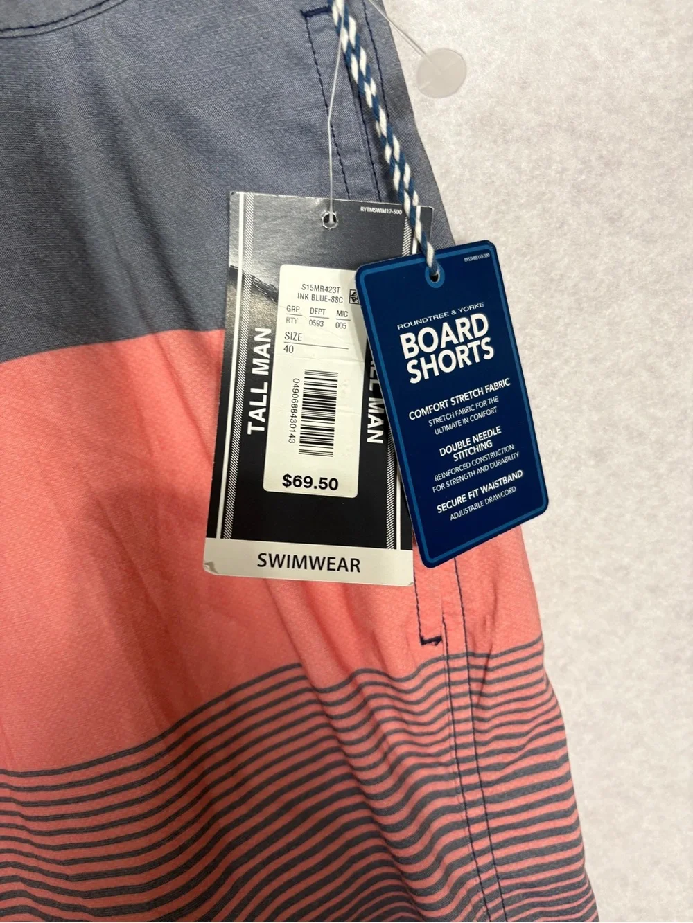 Roundtree & Yorke Coral, Slate and Blue Stripe Board Shorts Swimwear Tall Man